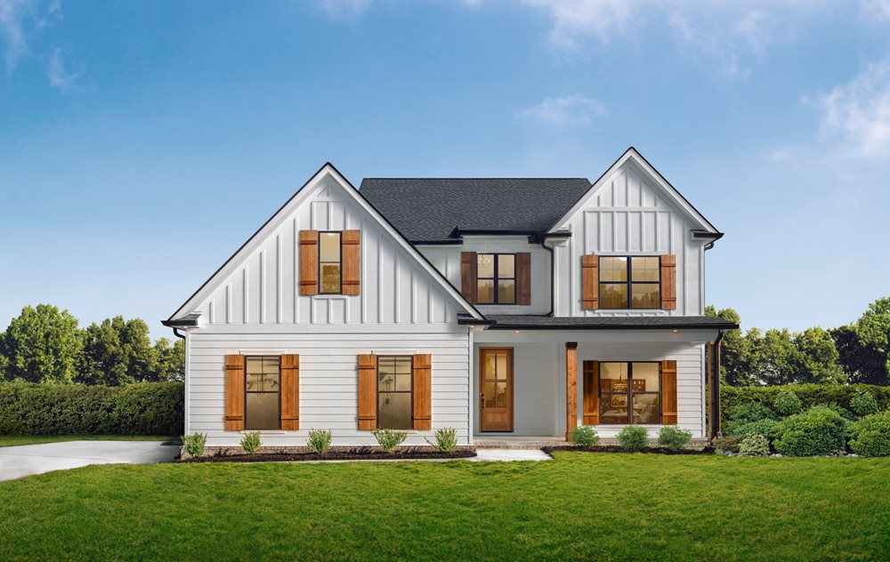A home with board and batten siding in a modern farmhouse look.