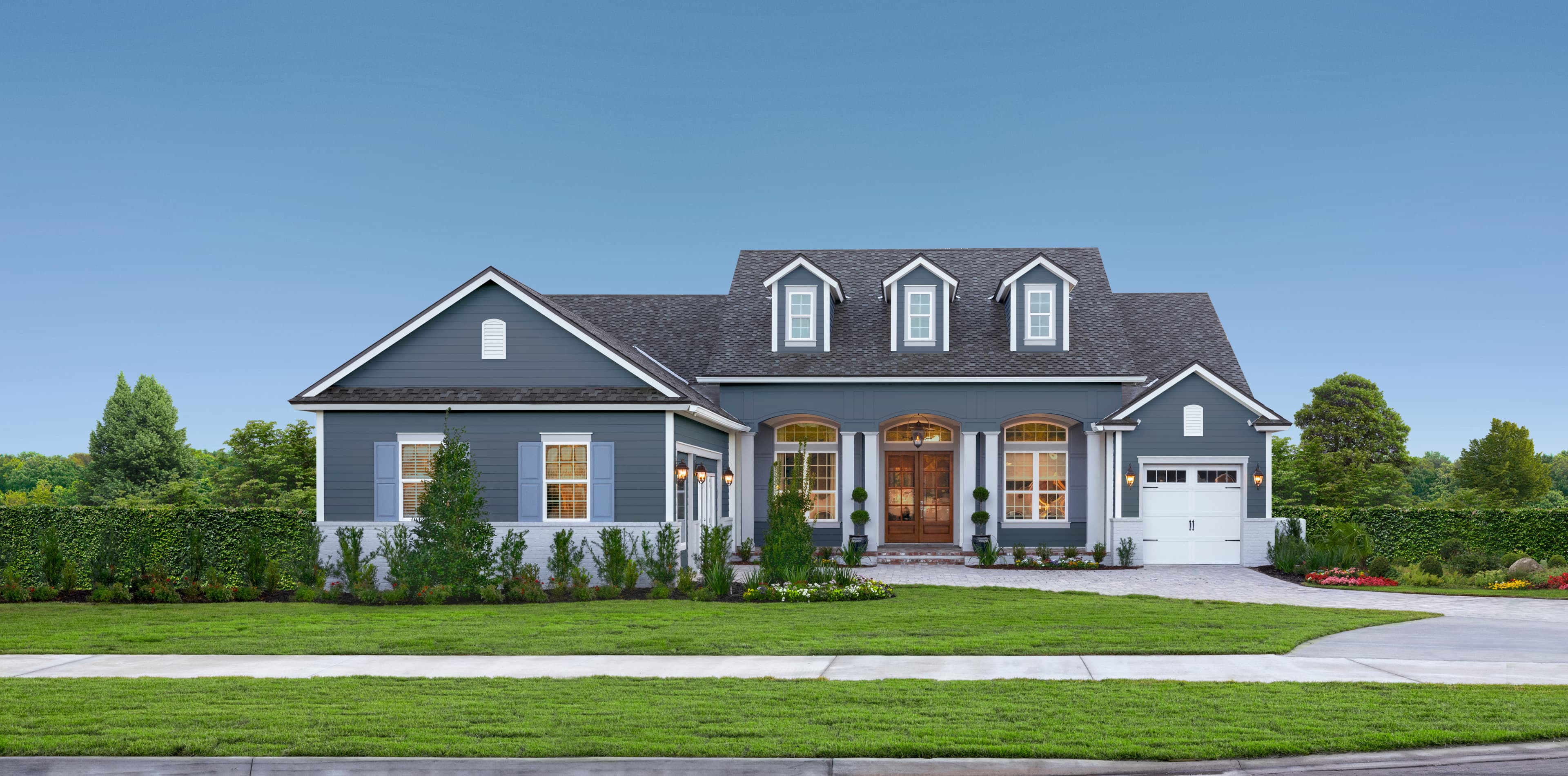 Cape Cod Style - A large, modern interpretation of the Cape Cod home in Evening Blue Plank lap siding A large, modern interpretation of the Cape Cod home in Evening Blue Plank lap siding