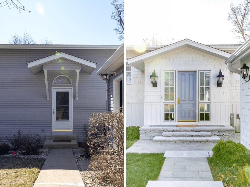 Jenn Lake - Before and After Before: Vinyl siding. After: Arctic White Hardie® Panel & Hardie® Trim for a board and batten look, paired with Arctic White Hardie® Shingle Straight-Edge siding