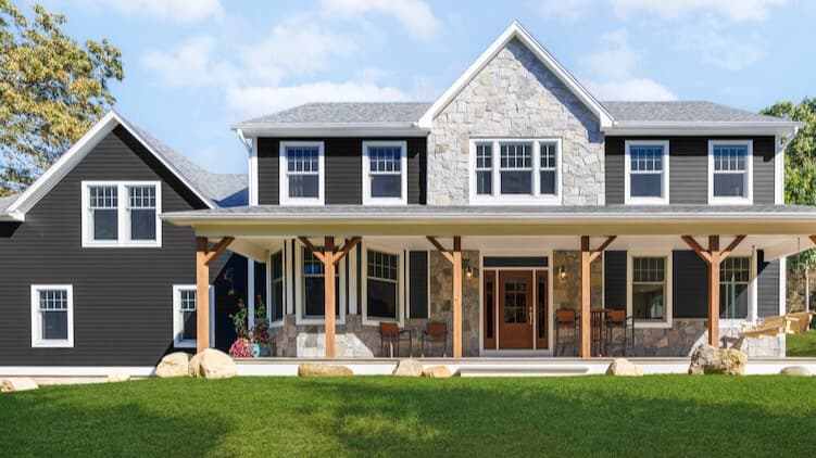 Mixing Siding Styles: Farmhouse with Iron Gray Hardie Plank and Arctic White Hardie Trim Mixing Siding Styles: Farmhouse with Iron Gray Hardie Plank and Arctic White Hardie Trim