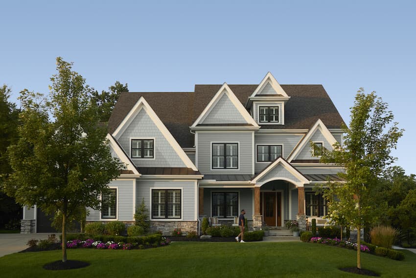 Mixing Siding Styles: Home clad with Light Mist Hardie Plank and Hardie Shingle Mixing Siding Styles: Home clad with Light Mist Hardie Plank and Hardie Shingle