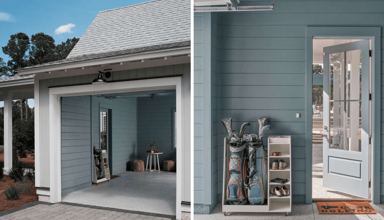 Interior of HGTV Dream Home 2025 garage clad with Hardie® Artisan® Shiplap siding in custom teal. Interior of HGTV Dream Home 2025 garage clad with Hardie® Artisan® Shiplap siding in custom teal.