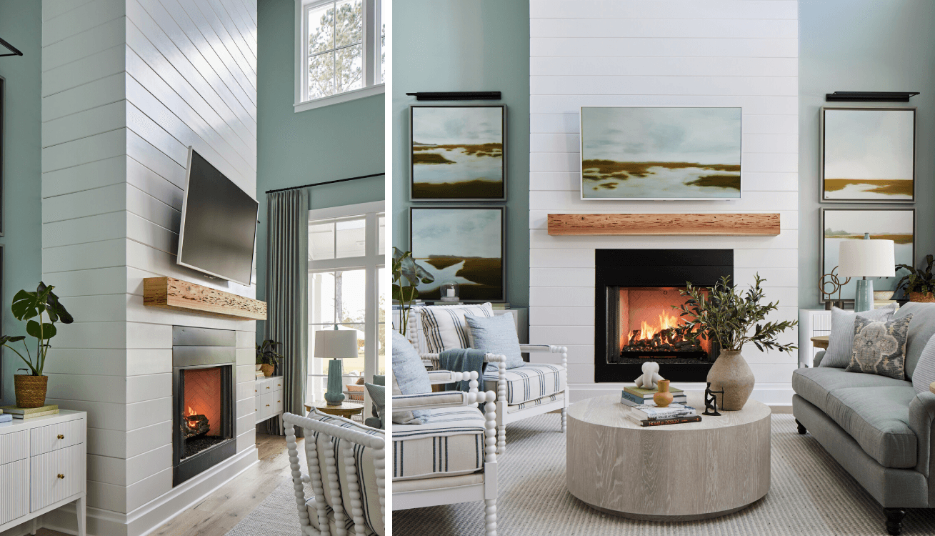 Interior of HGTV Dream Home 2025 with a fireplace clad with Hardie® Artisan® Shiplap siding in Arctic white. Interior of HGTV Dream Home 2025 with a fireplace clad with Hardie® Artisan® Shiplap siding in Arctic White.