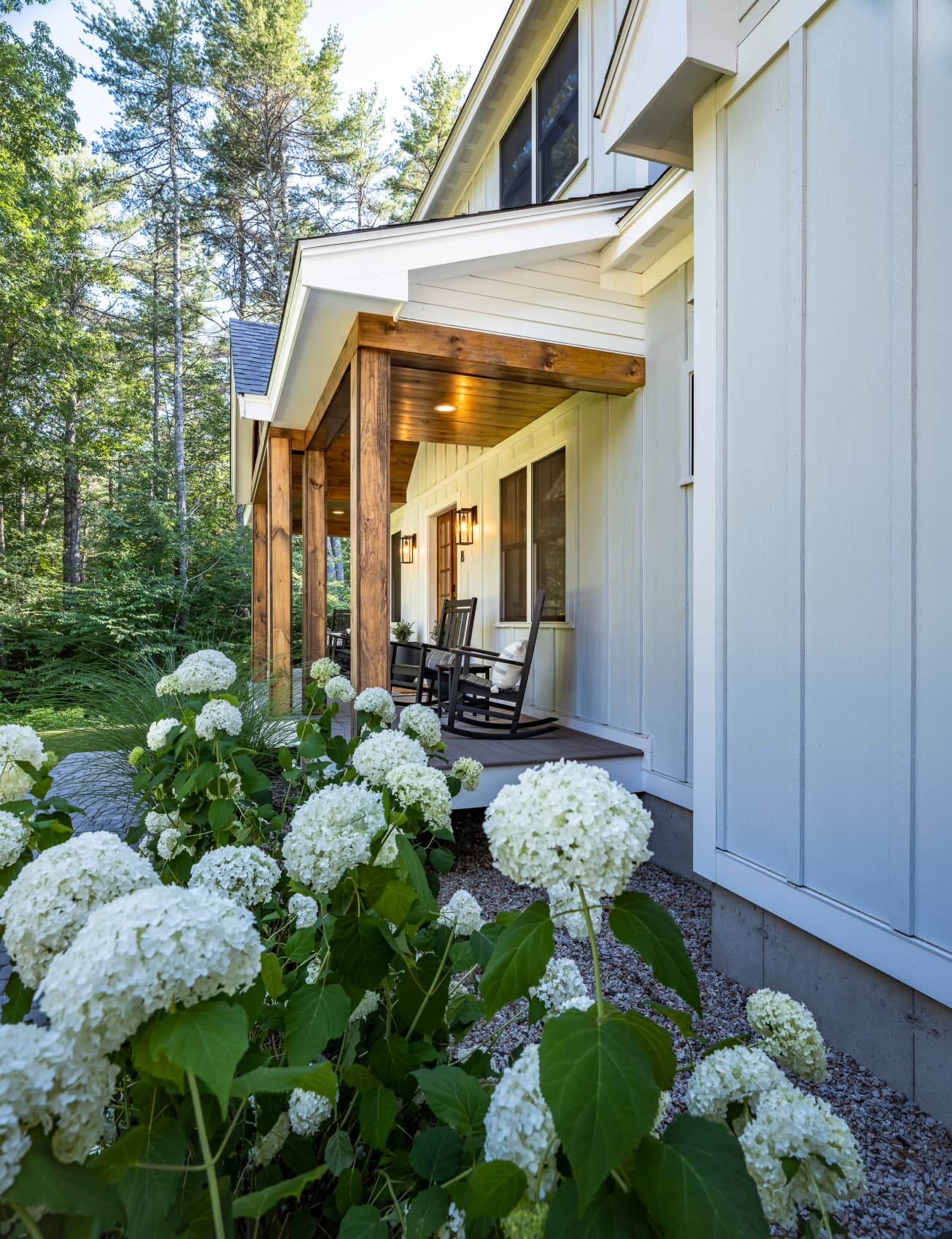 hydrangea and porch detail farmhouse hardie panel and trim in arctic white