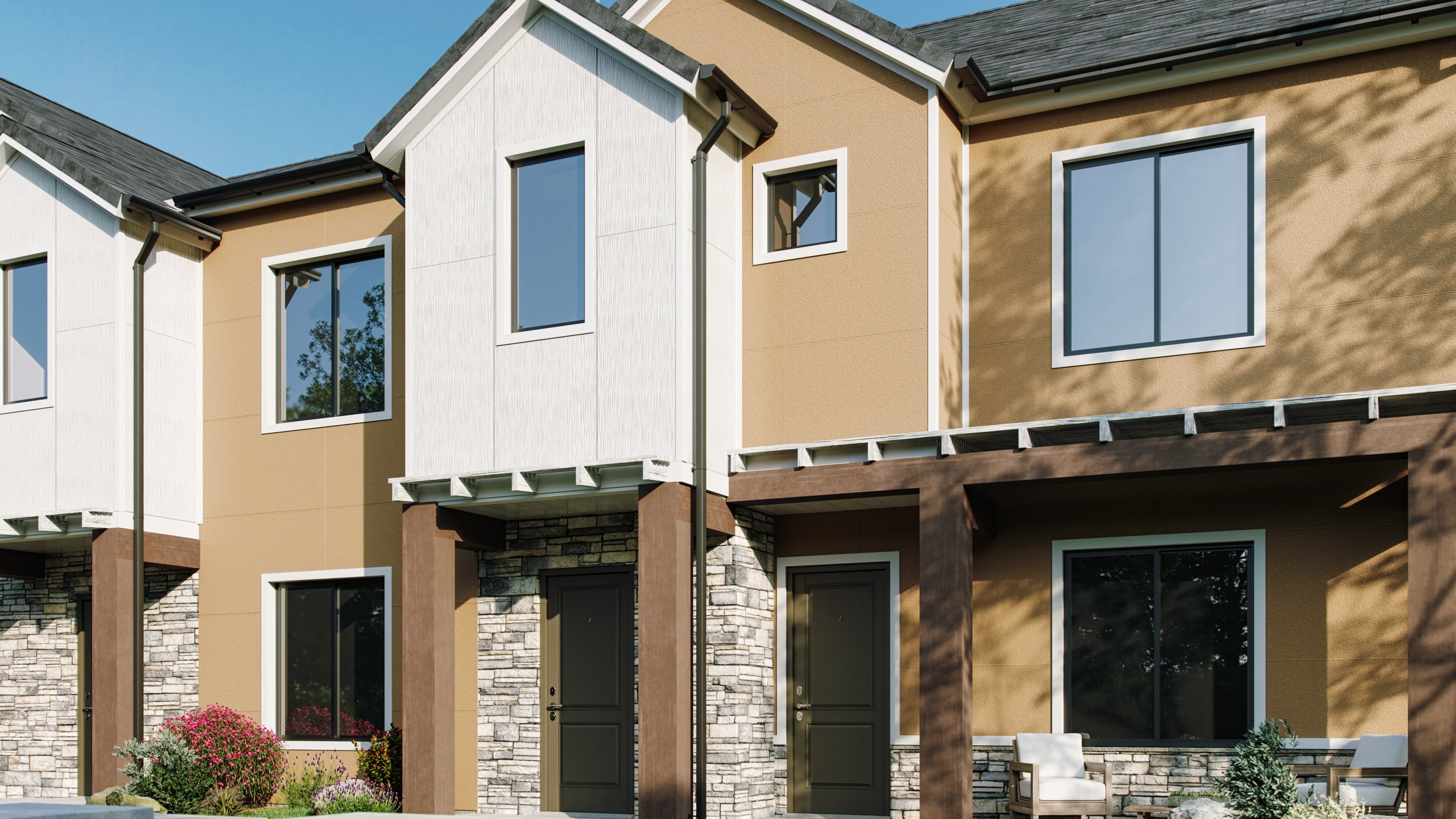 Hardie Architectural Panel: Multi-family home clad in Sea Grass and Mounded Sand in tan and cream