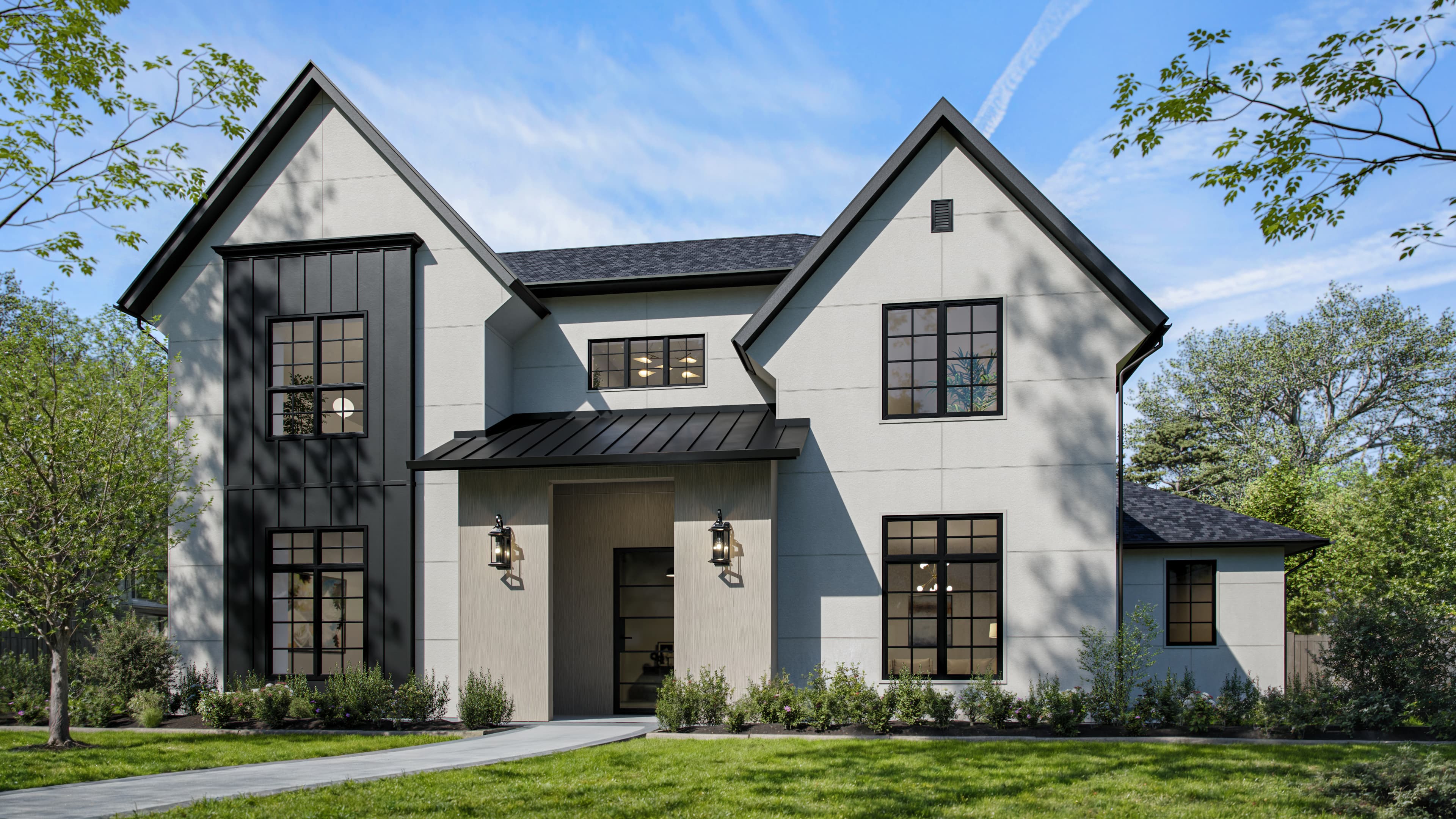 The Hardie™ Architectural Collection: Home clad in Fine Sand and Sea Grass panels in gray, charcoal, and taupe The Hardie™ Architectural Collection: Home clad in Fine Sand and Sea Grass panels in gray, charcoal, and taupe